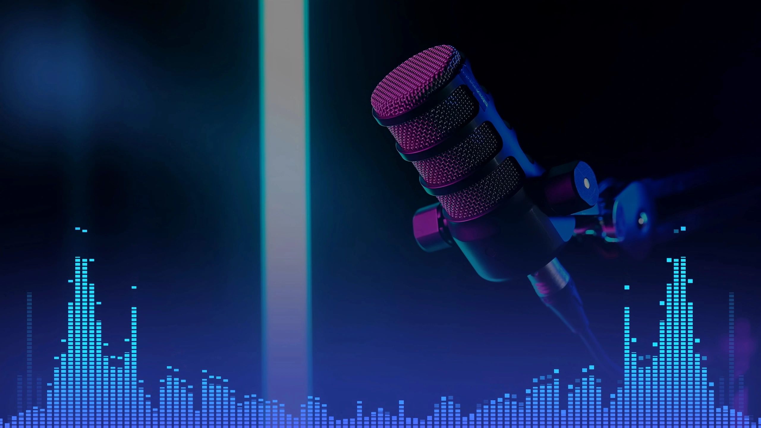 Studio microphone with neon lighting representing culture and media